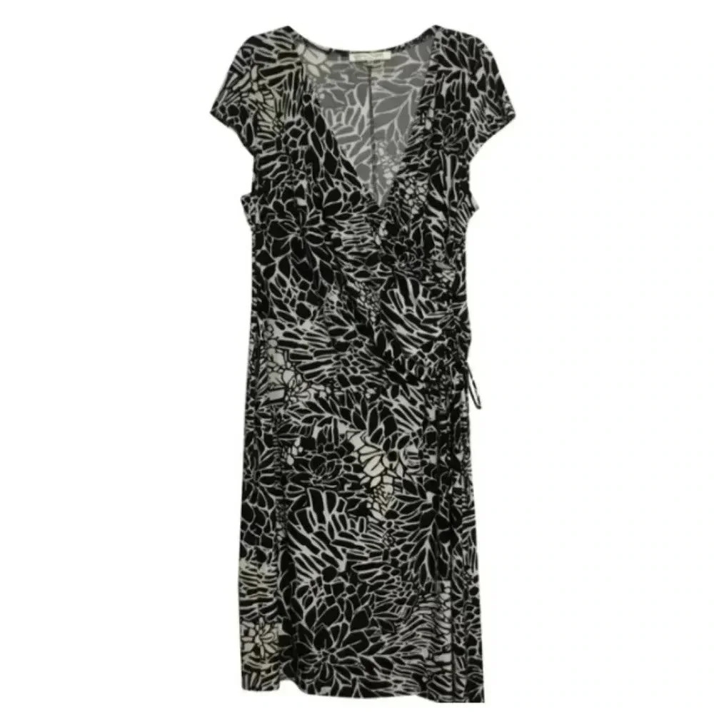 Evan-Picone Black White Print Faux Wrap Dress